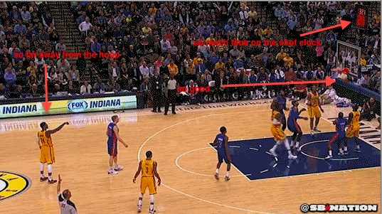 SBNation's tweet image. In a one-point game, Paul George took a 40-footer with 22 on the shot-clock… and drilled it: sbn.to/PkPoef
