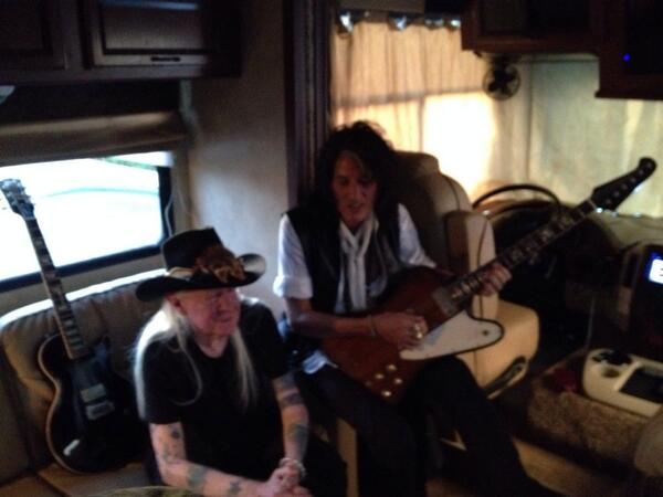 JoePerry's tweet photo. Johnny Winter asked me to play on his new CD. Today we hung out together before tonight's show #music #guitar http://t.co/qQcIXyf72L