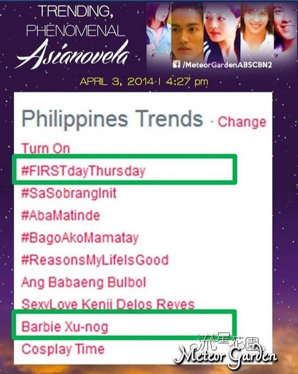 OfficialMeteorG's tweet photo. Kanina lang kapamilya
#FIRSTdayThursday on no. 2 spot!
Pati #BarbieXu-Nog, di nakaligtas! kayo talaga... hehe http://t.co/kMVp6vrws2
