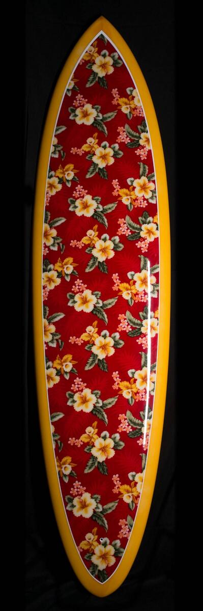 My retro Hawaiian fabric finds a new home and it's freaking perfect! #Retrosurf #Hawaiianfabrics #GulfStreamSurfboard