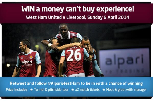 AlpariWestHam's tweet photo. Less than an hour left to WIN a money can't buy experience at WHU v Liverpool! T&amp;Cs apply: http://t.co/Gx6XBcoD2I http://t.co/uurmEw5cDM