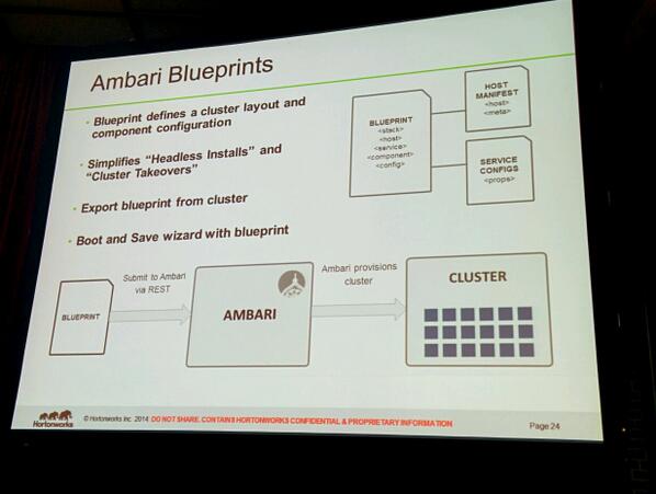 prokopp's tweet image. Ambari blueprint. Import & export cluster configurations. #hadoopsummit