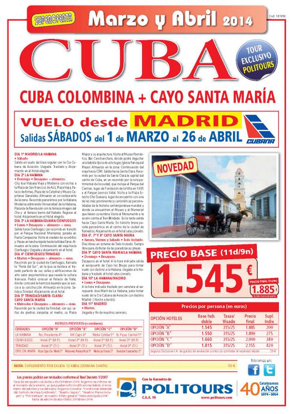 VIAJESEURORIOJA's tweet photo. Buenos días viajeros!! Últimos días para aprovechar esta oferta genial!!! Disfruta de Cuba esta Semana Santa!! #Cuba http://t.co/lHJtImCim3