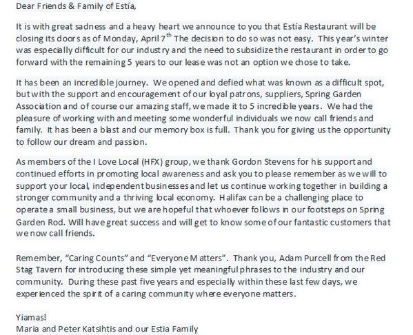 EstiaHalifax's tweet photo. Dear Friends &amp; Family of Estía, It is with great sadness and a heavy heart we announce to you... http://t.co/atcBRVKoQ5