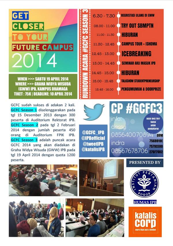 GCTI_IPB's tweet photo. 9 HARI LAGI ada apa di IPB? Spesial utk adik2 SMA! Bakal ada Get Closer to Your Future Campus 2014 Season 3. #GCFC3 > http://t.co/3nDY2bcm2V