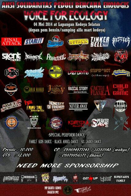"Voices For Ecology" 4 Mei 2014 at Lapangan Kedoya Selatan. <a href="/jackstone_rock/">Jackstone</a> <a href="/PRAHISTORIC/">PRAHISTORIC OFFICIAL</a> <a href="/NOTHINGOFME_/">NOTHING OF ME</a>  <a href="/TF_Revenge/">Thanks For Revenge</a>