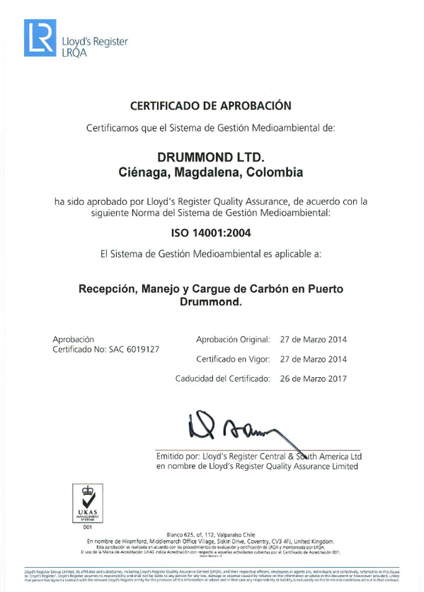 DrummondLtdCo's tweet photo. Lloyd's Register certifica Sistema de Gestión Ambiental de nuestro puerto: http://t.co/BKS3GPOUXC http://t.co/xs8lcDTTHm