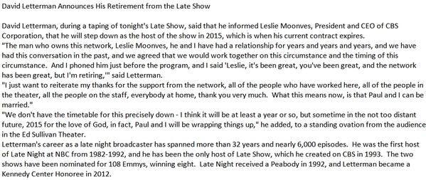 NBCNightlyNews's tweet photo. David Letterman announces he will retire in 2015 http://t.co/9Y9cvE7PU9