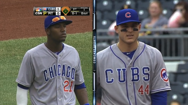 Michael_Nich's tweet photo. “@MLBFanCave: Junior Lake wearing the wrong @Cubs jersey earlier. http://t.co/dP2oZSTgbr” @mistastick classic cubs, can't do anything right