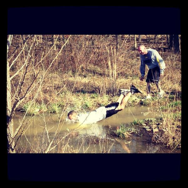 OldSchoolGymOH's tweet photo. #TBT that time we went for a 5 mile run and @tc_TheTerror tricked Ronnell into diving in a big mud puddle http://t.co/ReVuzseFDG