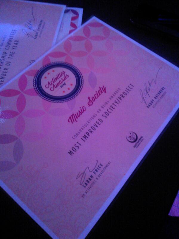 NUMusicSoc's tweet photo. Music Society - Most improved Society/Project! http://t.co/2CfnUPwWKD