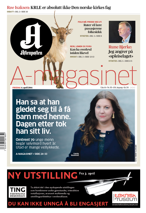 AsbjBakke's tweet photo. #Aftenposten. Førstesiden: Omtrent 70 unge menn begår selvmord hvert år. Utad er mange vellykkede. http://t.co/5Fgk9fTQeI