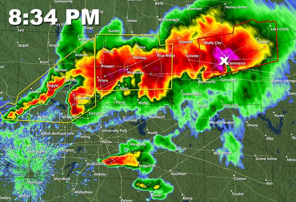 wfaaweathertoo's tweet photo. Tornadic thunderstorm moving into Commerce now along with baseball hail and high winds.  -sm http://t.co/M0ncx8oczy