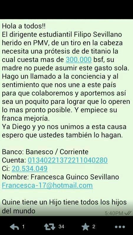 InfoLaSalida's tweet photo. #Ayuda! Colaboracion para salvar la vida de Filippo Sevillano, agredido con un disparo en la cabeza este martes. http://t.co/lUBZEAP8ke