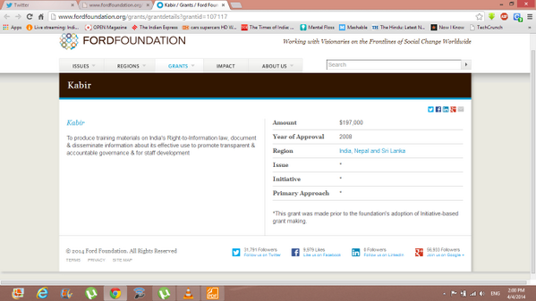 Screenshot of FORD FOUNDATION website showing grant given to KABIR with all payment details @Swamy39 #IfModiBecomesPM 