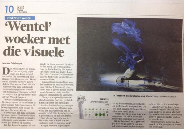 Wonderlike WENTEL-resensie in vandag se KRIT deur <a href="/fromthemarina/">Marina Griebenow</a> @Henniewtf <a href="/nicoscheepers/">Nico Scheepers</a> @AbsaKKNK <a href="/kritredaksie/">krit</a>