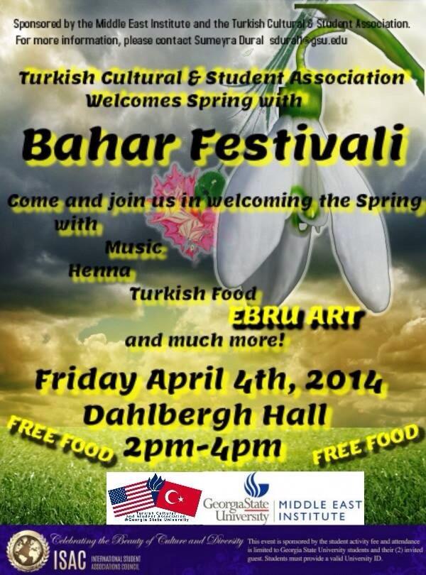 GSU_ISAC's tweet photo. Join TCSA at their Bahar Festivali today at 2pm in Dahlberg Hall! #INTLSpringFestival2014 http://t.co/922VctYl4f