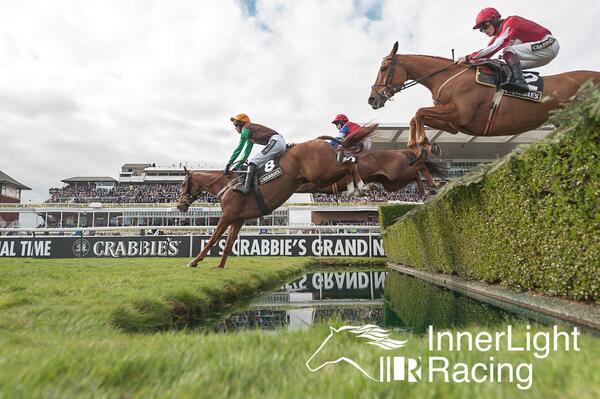 RacingTog's tweet photo. Doeslessthanme @LancsRacing @HChalloner777 leads at the waterjump @CrabbiesUK Topham Steeple Chase @AintreeInsider http://t.co/2S1TjfeKV7