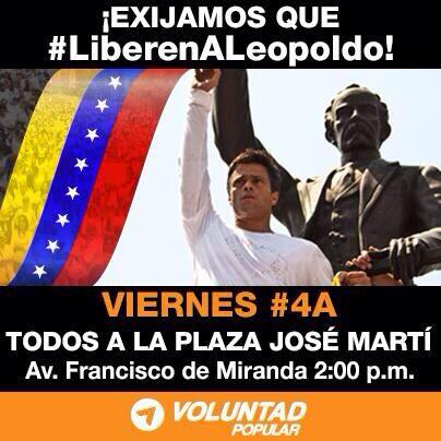 liliantintori's tweet photo. Hoy 2pm Plaza José Martí. Por la  liberación de @leopoldolopez presos políticos y estudiantes!!! http://t.co/93z0Q3kTrk