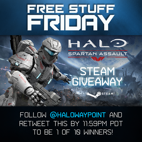 Halo's tweet photo. Follow and RT by 11:59PM PDT for a chance to win Halo: #SpartanAssault on @steam_games! Rules: http://t.co/bXe40MclFV http://t.co/c7rMUmCFDW