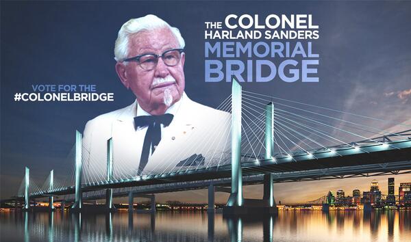 kfc's tweet photo. The bridge from IN to KY still needs a name. RT to vote to have it named #ColonelBridge! http://t.co/RFReXk5R8R http://t.co/c7QTN7kQ7i