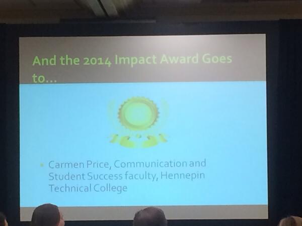 Shotwell's tweet image. Carmen Price of Hennepin Technical College wins the #IgniteMN #Desire2Excel Impact award. Congratulations! #D2L