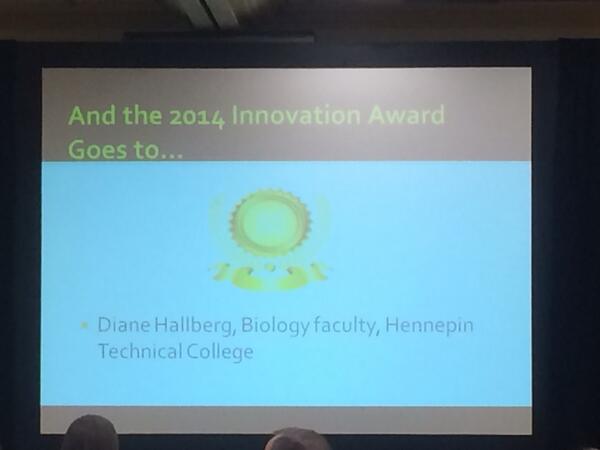 Shotwell's tweet image. Diane Hallberg of Hennepin Tech wins the 2014 #IgniteMN #Desire2Excel Innovation award. Congratulations! #D2L