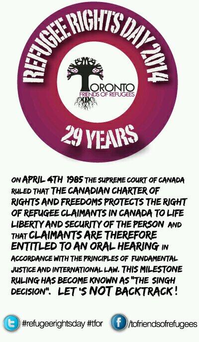 RefugeeFriendTO's tweet image. It's #RefugeeRightsDay in Canada. #TFOR is #proud2protect #refugees today &amp;amp; every day. Let's not backtrack! #cdnimm