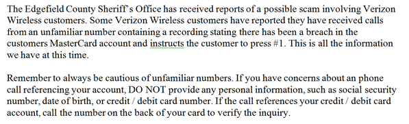 EdgefieldCoSO's tweet photo. PRESS RELEASE ON POSSIBLE PHONE SCAM... http://t.co/ckoYqiLMHj