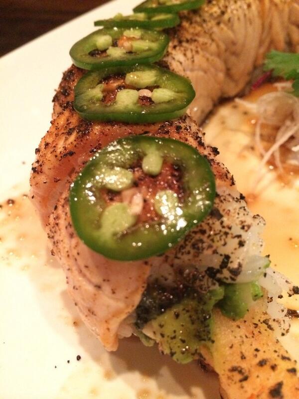 One of the specials! Cali roll with shrimp tempura, topped with Cajun seared salmon and jalapeños! NOM NOM NOM