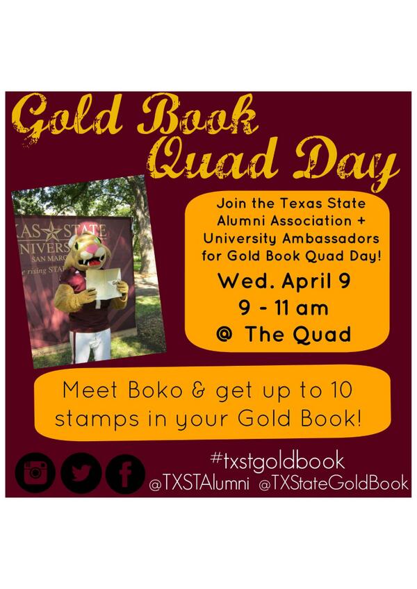 Hey Bobcats! Join us for a Gold Book Quad Day on Wednesday, April 9, from 9 am - 11 am in the quad.