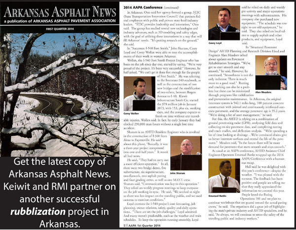 Rubblize's tweet photo. @kiewit and RMI partner on the successful I-540 Fort Smith #rubblize project. Read it in Arkansas Asphalt News. http://t.co/sMzjpFaYaj