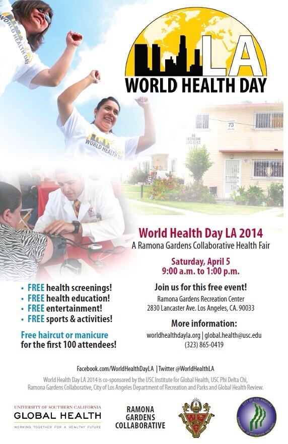 kdeleon's tweet photo. Free Health Screenings Saturday #WorldHealthDayLA @latimescitybeat @USCGlobalHealth #RamonaGardens http://t.co/7k9ACEOwWg