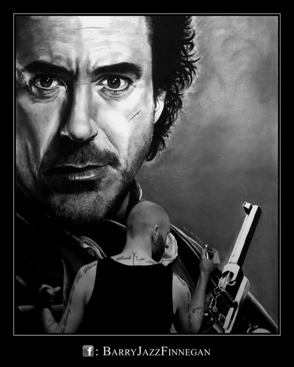 Large charcoal portrait of RDJ. <a href="/Jon_Favreau/">Jon Favreau</a> <a href="/RobertDowneyJr/">Robert Downey Jr</a> #ironman #holmes