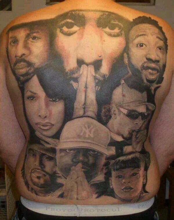 Greatest tattoo you'll ever seen #grandmasterJ #2Pac #ODB #Aaliyah #Bi...