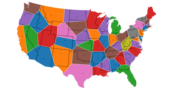jasondavies's tweet photo. United States of Voronoi; your closest capital determines your state: https://t.co/64eVivR8UM http://t.co/xIY6E9eyCO