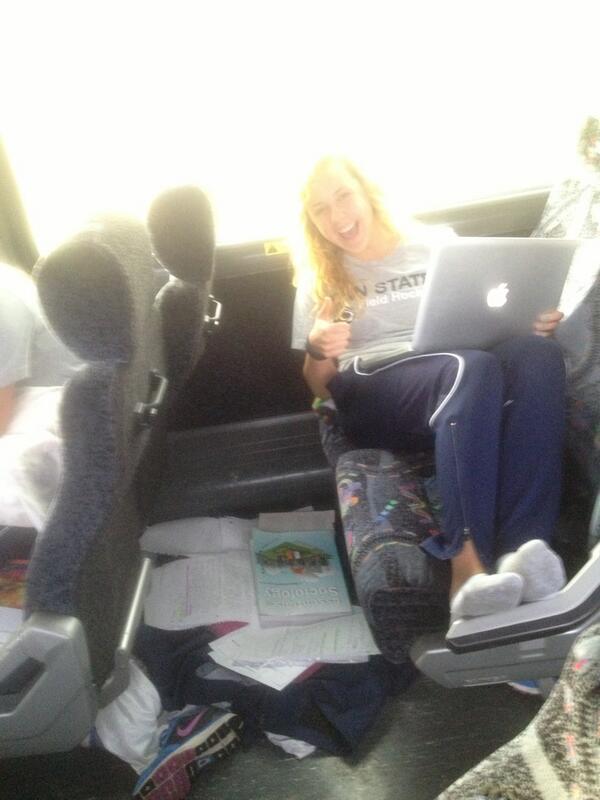 PennStateFH's tweet photo. Check out our Redshirt Freshman GK @La_Saruh doing work!! Spreading out getting homework done on the bus! #smartlion http://t.co/mlSw0dv94f
