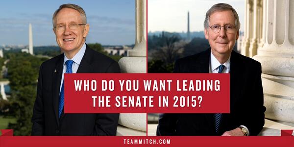 Team_Mitch's tweet photo. This race is really about who will lead the Senate in 2015. RETWEET for Mitch and FAVORITE for Harry Reid! #KYSen http://t.co/OBZWV7nAgG