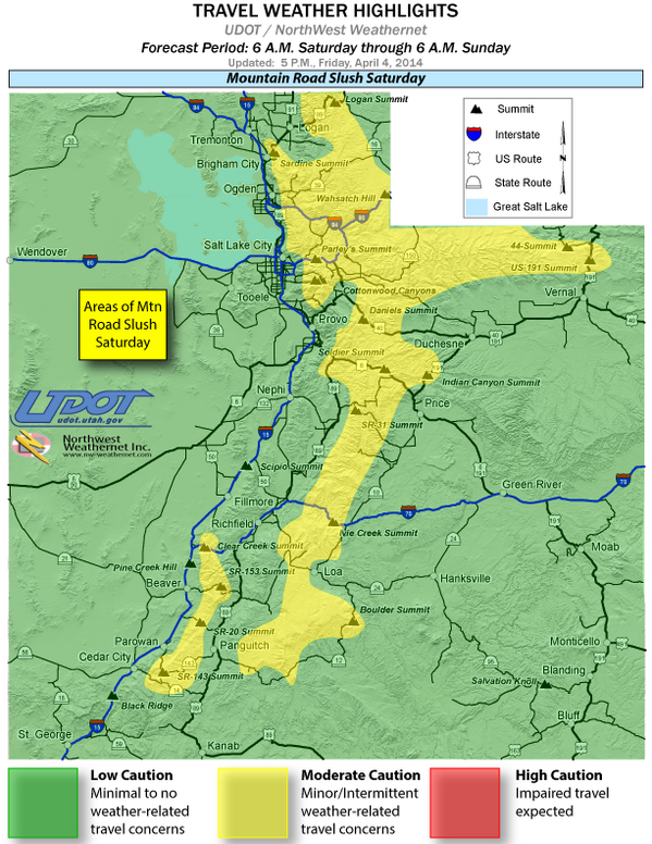 UDOTTRAFFIC's tweet photo. Weather Update: Areas of light mtn rd snow Sat and patchy ice Sat night. More info: http://t.co/UuC4WeGSXB #utsnow http://t.co/9kYKzD2DGH