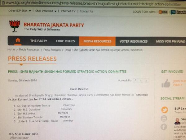 Rajnath Singh Formed Strategic Action Committee For #LSPolls 2014 with Dr @Swamy39 as Chairman #IndiaFirst 