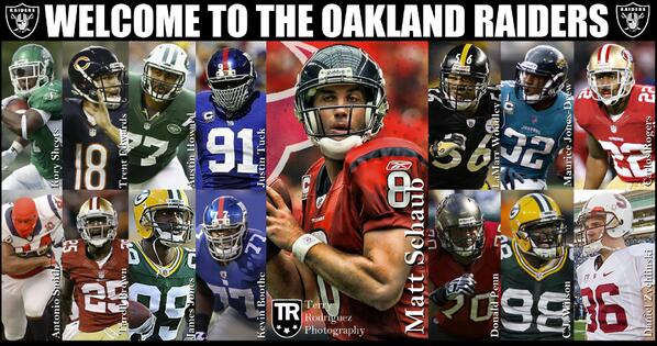 KOS_Raiders's tweet photo. Let's welcome the new members of the @RAIDERS ! #FreeAgency #Raiders #ReggieMckenzie #MattSchaub #MJD #JustinTuck http://t.co/ZC8yHlYPd2