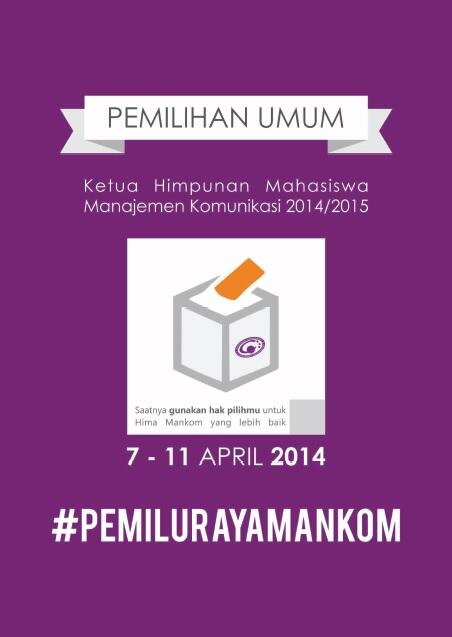 himamankom's tweet photo. Jangan lupa! Senin - Jumat (7-11 April 2014) akan diadakan Pemilu Raya Ketua Hima Mankom periode 2014/2015 http://t.co/OH0hsh9iBr