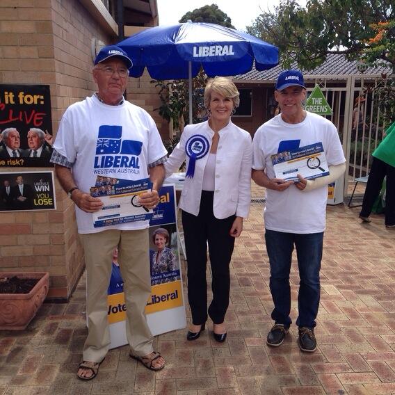 HonJulieBishop's tweet photo. Handing out How to Vote cards with #waliberal team at St Aloysius Church Hall polling booth Shenton Park http://t.co/6EtvvAGwXT