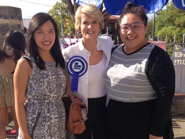 HonJulieBishop's tweet photo. Delighted to meet constituents Terry and Alexandra voting at Greek Orthodox Church Hall in West Perth #waliberal http://t.co/Kr13TURK9k