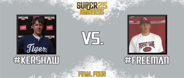 The 1st of two Final Four <a href="/PerfectGameUSA/">Perfect Game USA</a> #Super25Madness showdowns is live! Reply with #Kershaw or #Freeman to vote!