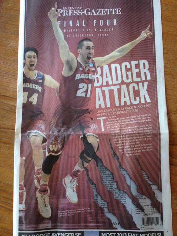 robertzizzo's tweet photo. Our @gbpressgazette cover/wrap today. Go pick one up. #Badgersfinal4 http://t.co/F0kE5yU5pH