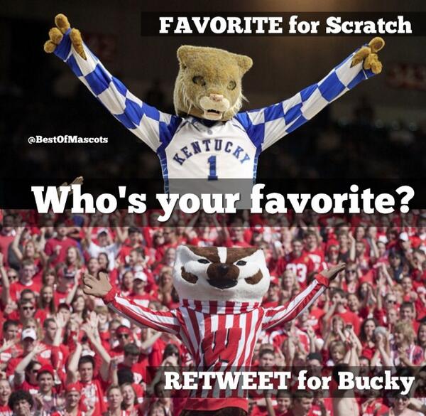 BestOfMascots's tweet photo. RETWEET for Bucky! (@UWBuckyBadger)
FAVORITE for Scratch! http://t.co/kFgvk9VzTR