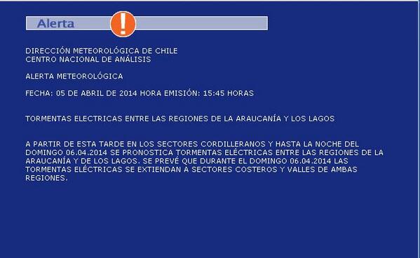 AlertaSur's tweet image. Dirección Meteorológica de Chile alerta de tormentas eléctricas entre La Araucanía y Los Lagos meteochile.gob.cl