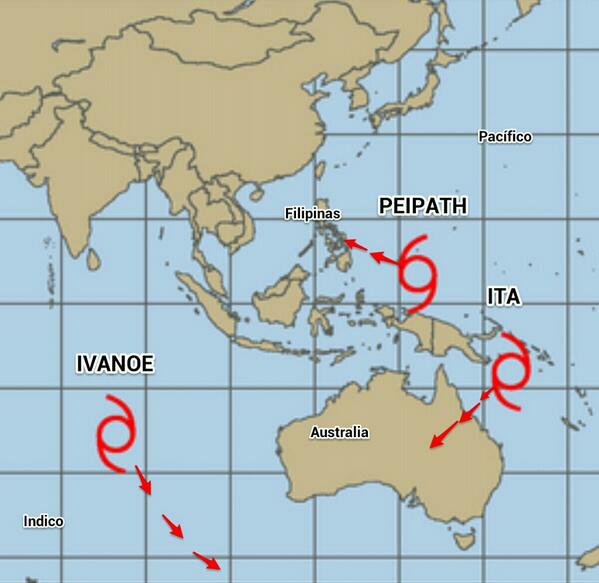 chematierra's tweet photo. Aviso: 3 Ciclones Tropicales Activos #IVANOE #PEIPATH e #ITA. Precaución Australia/Indonesia/Filipinas. Vía @sijoroma http://t.co/4vOGpCZCxh