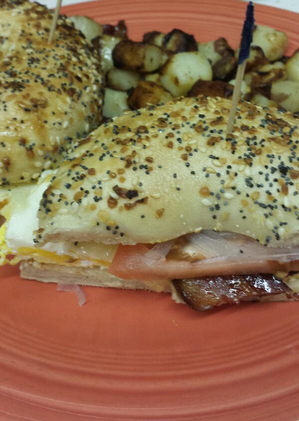 MorningStar_MI's tweet photo. Today's breakfast special! House cured maple glazed bacon on a bagel sandwich! Yum!! http://t.co/2WF9EuRDL4